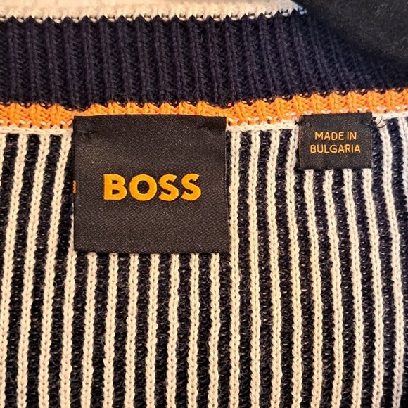 Boss Hugo Boss Sweater Men's Large Color Block Stripe Black Cream Kastory L Slv - Picture 3 of 9